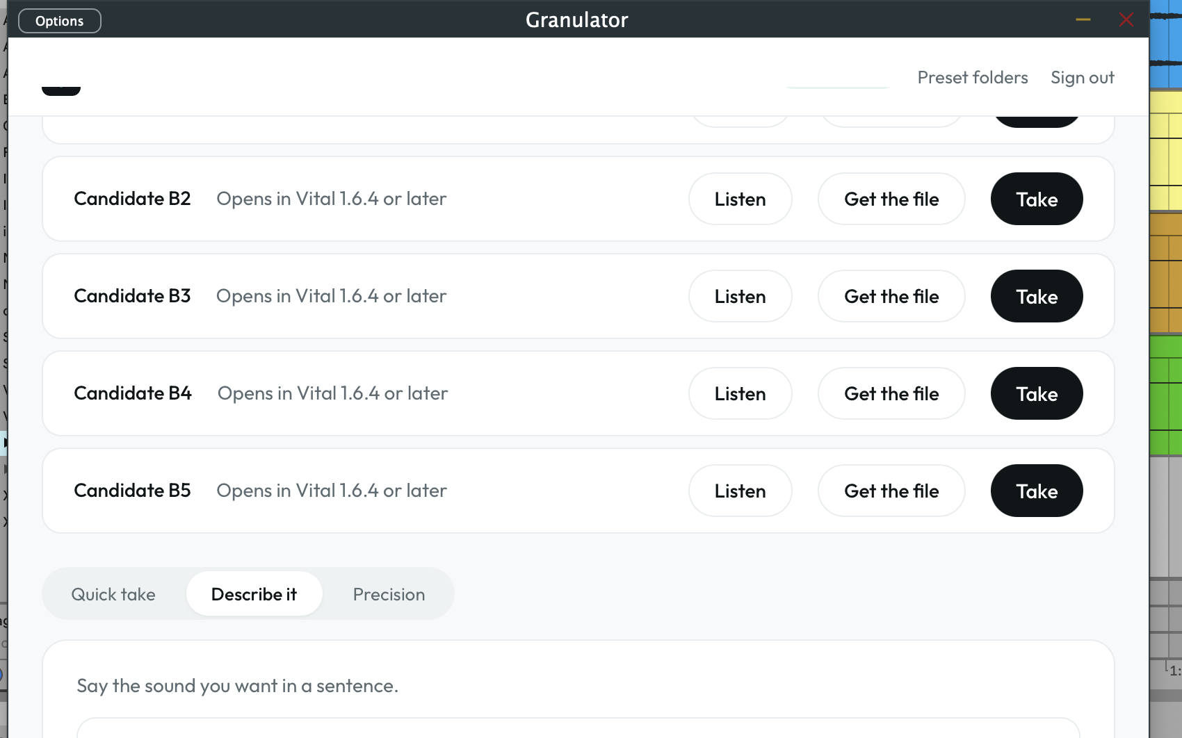 Describe a sound in the plugin, then listen to candidates that open in Vital.