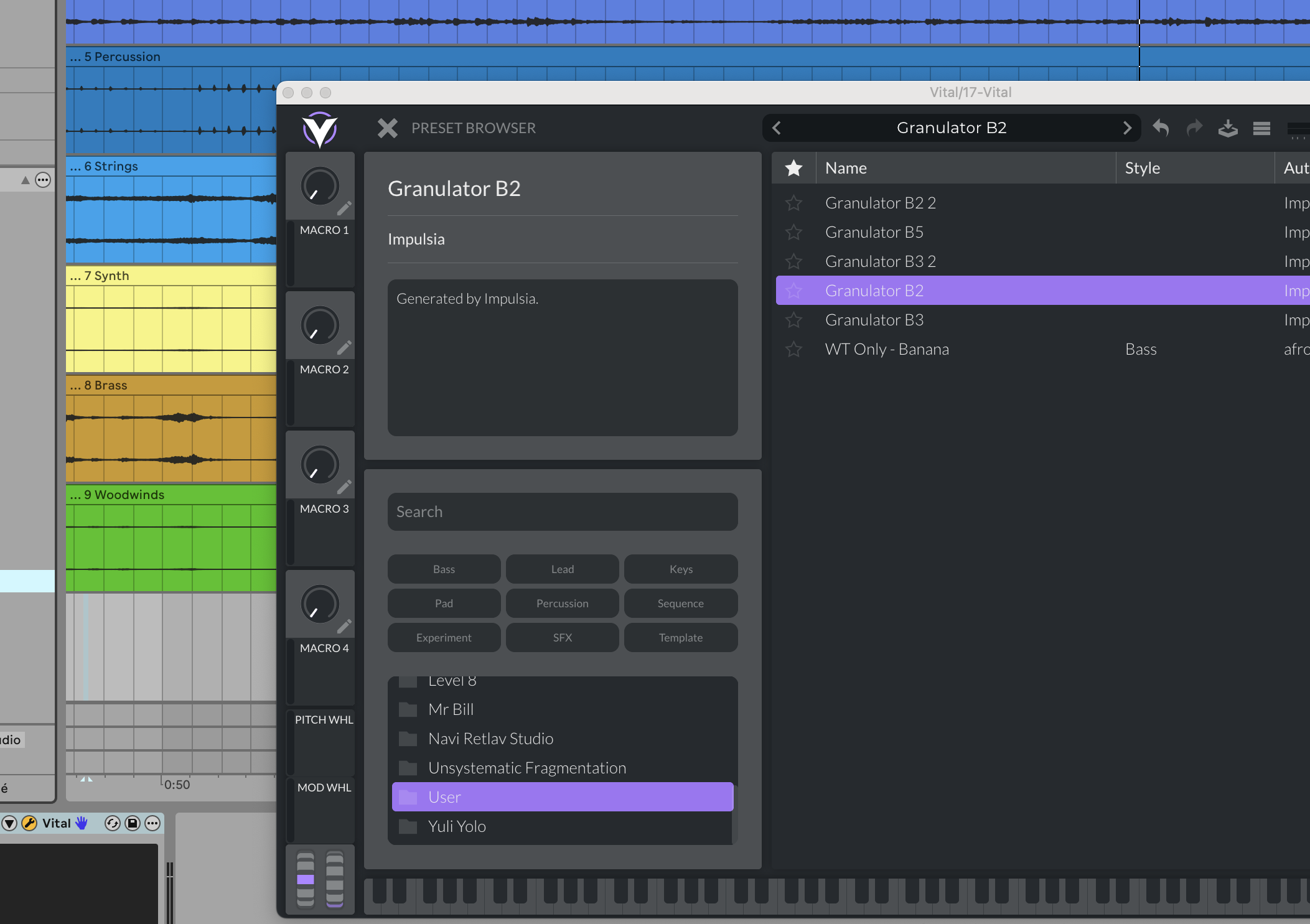 Preset Granulator B2 open in Vital, with the line Generated by Impulsia.